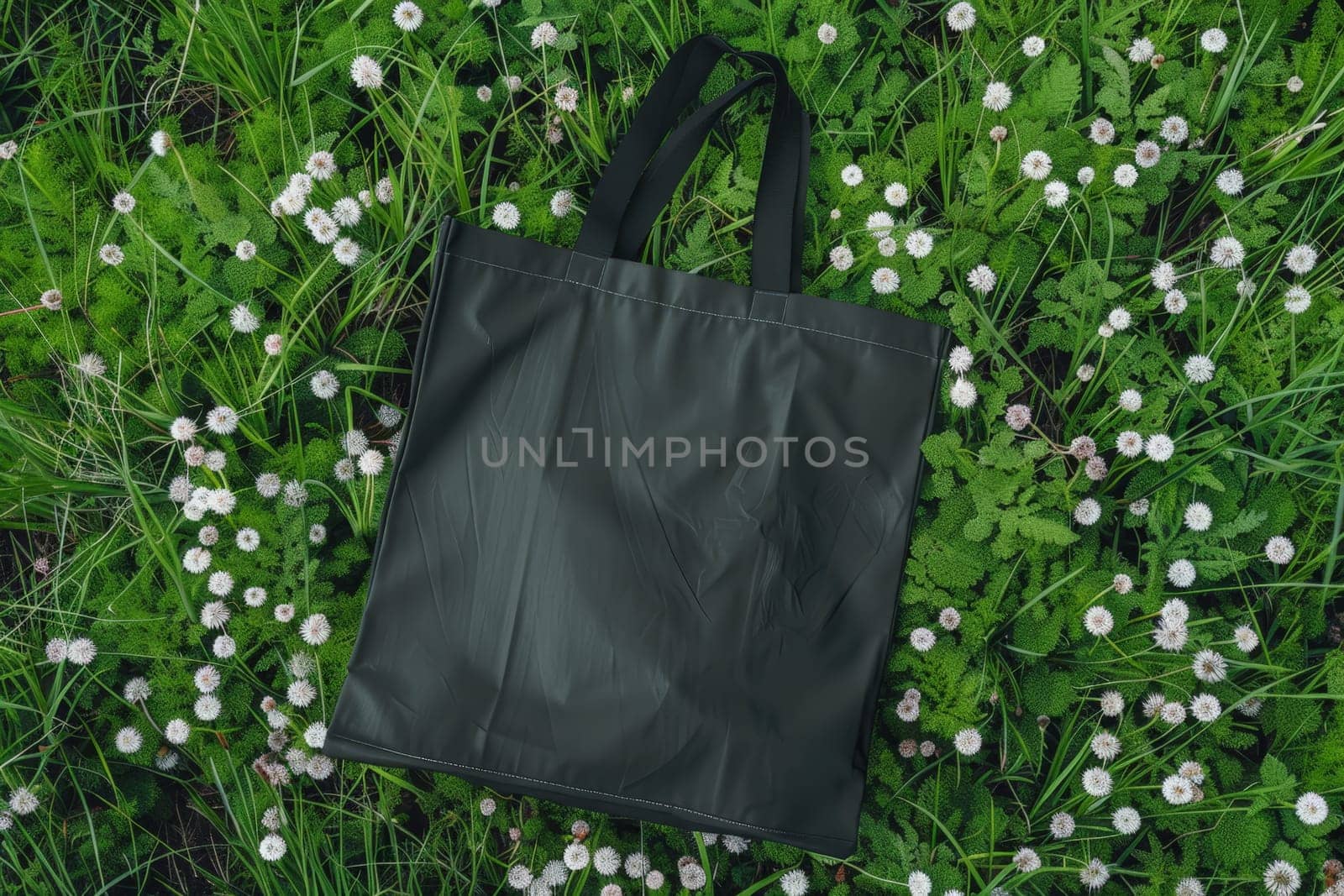 Mockup of a black tote bag laying on grass, Black cotton or mesh eco bag on green grass. by nijieimu