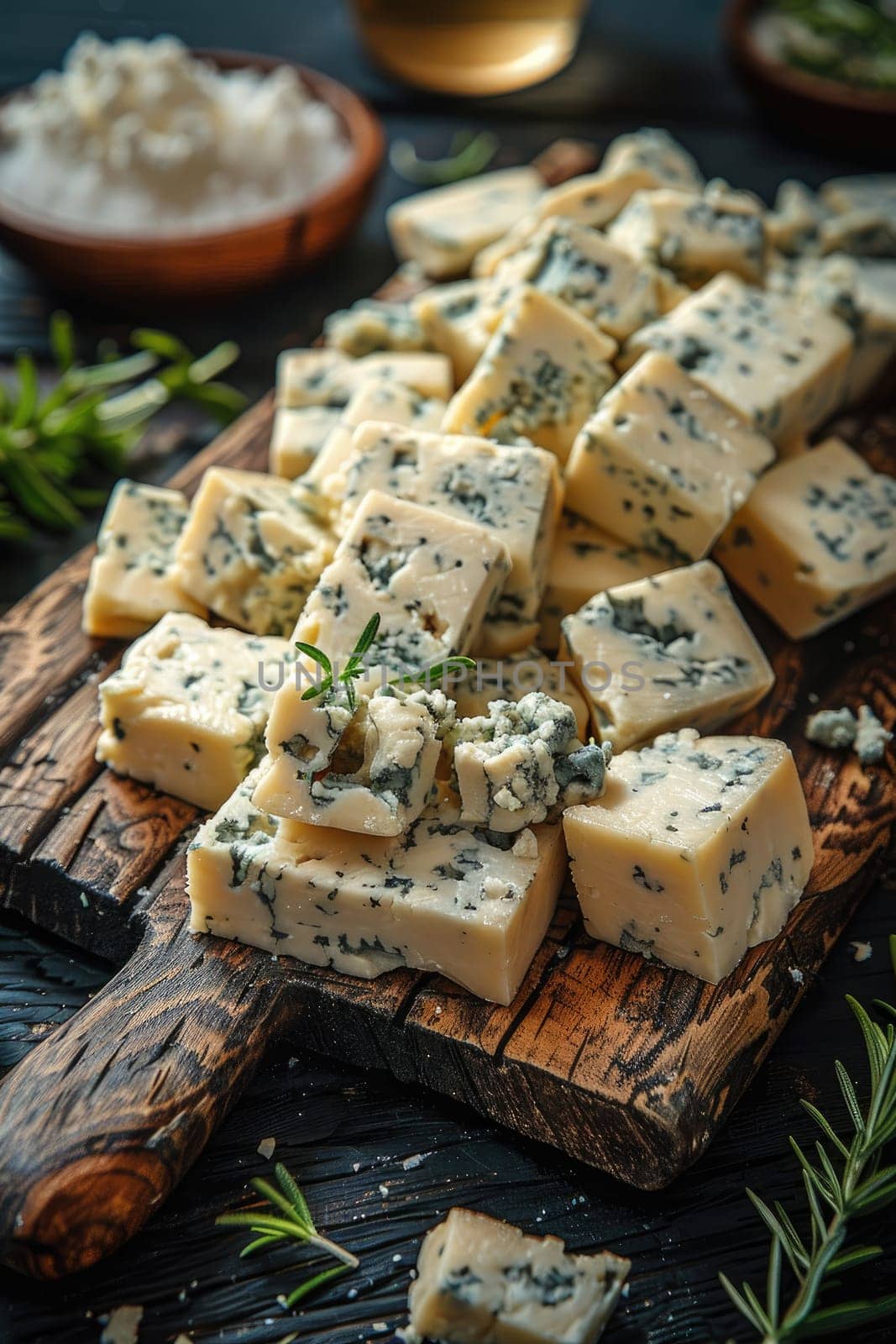 Photo of creamy blue cheese crumbles arranged on a rustic wooden board