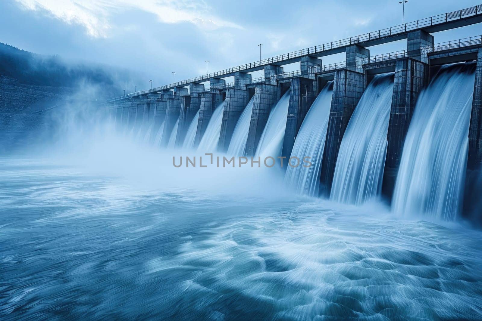 A majestic hydroelectric dam with cascading water, generating clean electricity through renewable resources. by Chawagen