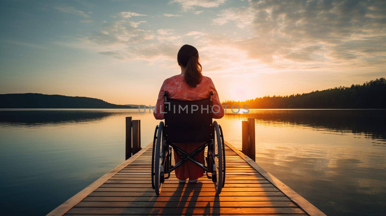Wheelchair bound woman enjoying lakeside sunset