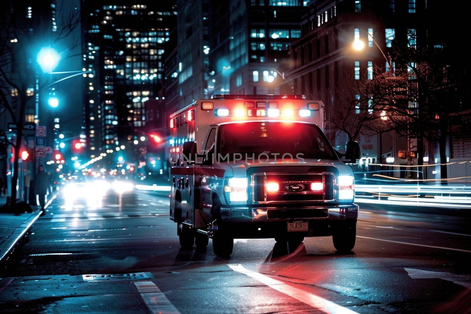 An ambulance with flashing lights and sirens races down a city street at night