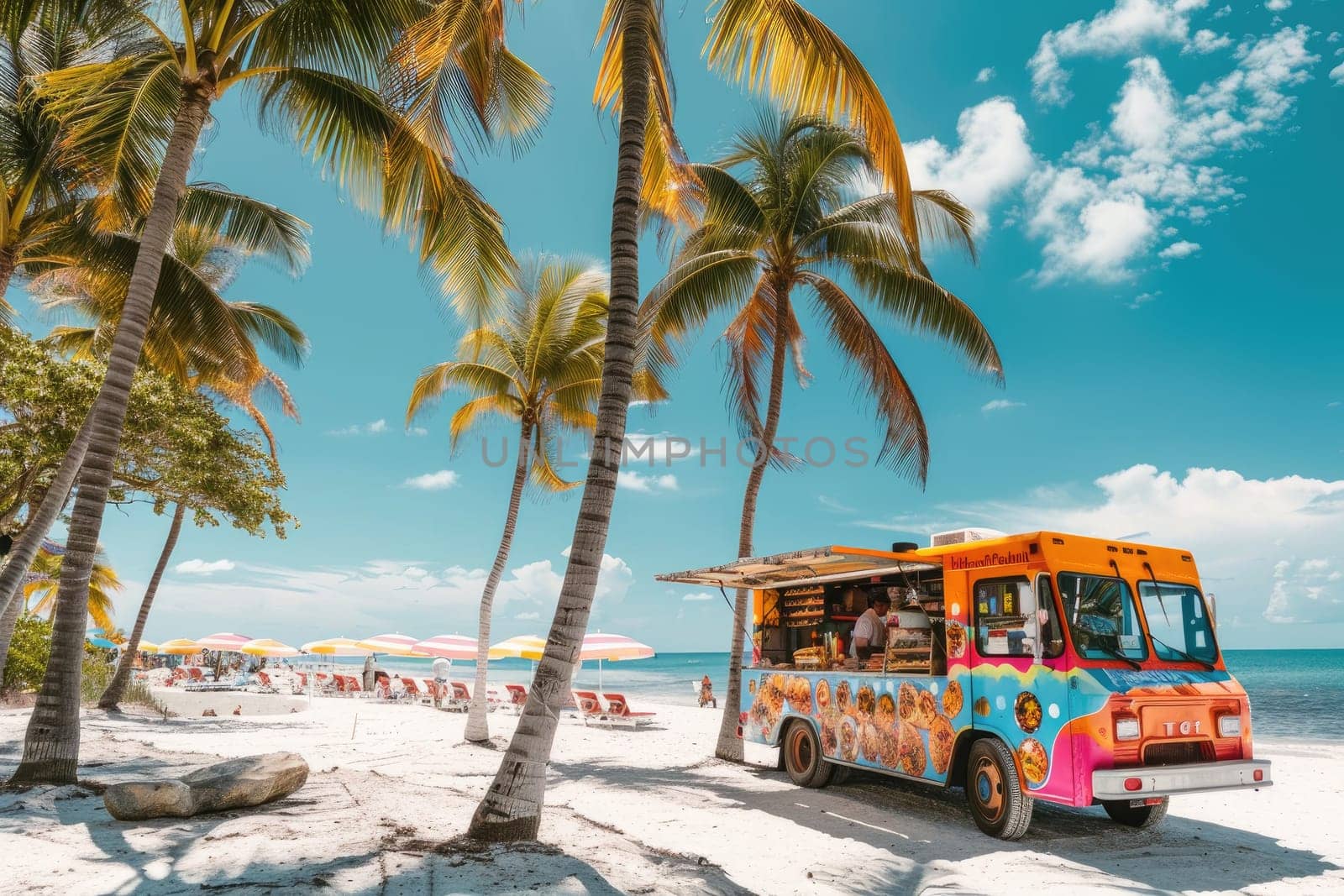 A vibrantly colored food truck serving tacos on a sunny beach, with palm trees swaying and beach. by Chawagen
