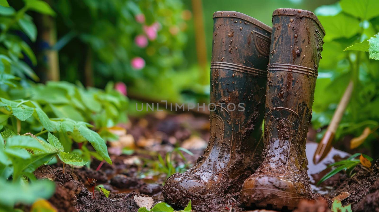 The picture of the dirty boots from dirt and soil inside the garden that has been surrounded with plant and tree, the gardener require skill like plant knowledge, planting and soil management. AIG43.