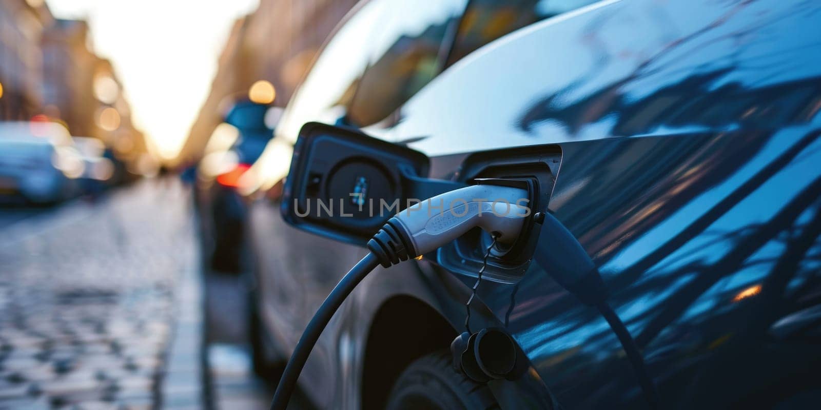 A picture about the electric vehicle that has been charging at the charging station and has been connected with the charger that has been connecting to the electric vehicle to become new tech. AIGX01.