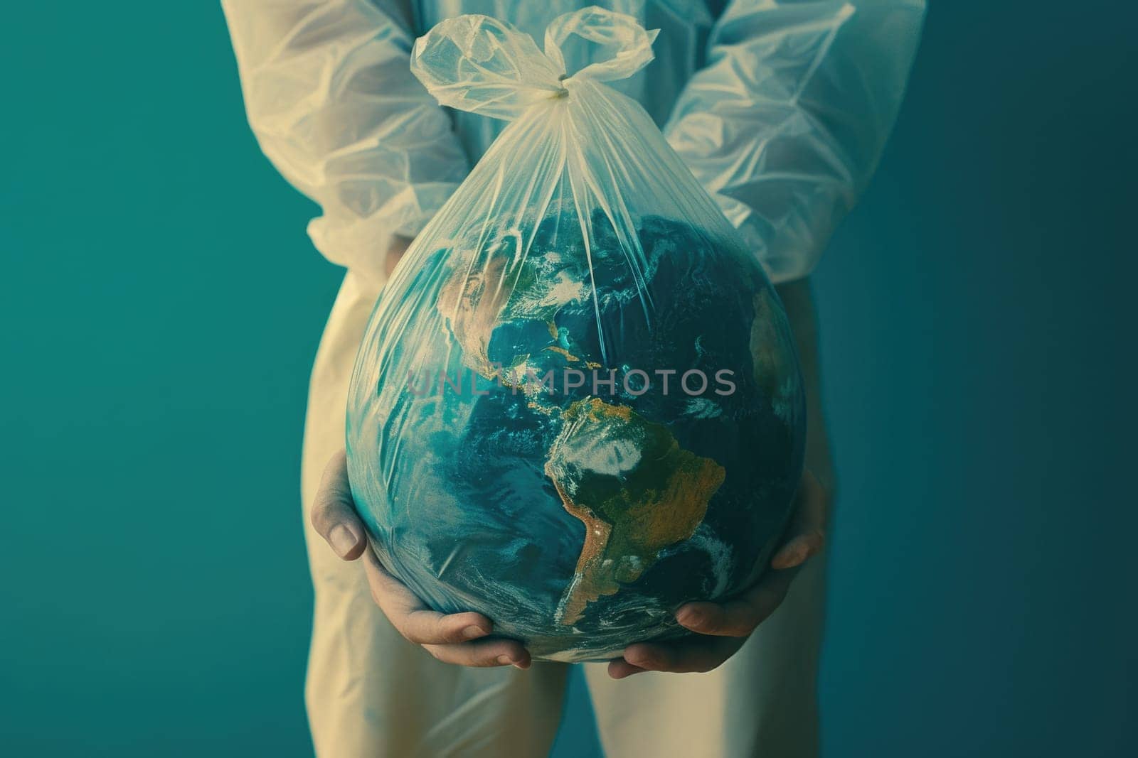 The picture of the person that has been holding the earth globe that come with the plastic bag that can stand for multiple meaning like protect the earth or keep the earth from plastic bag. AIGX01.