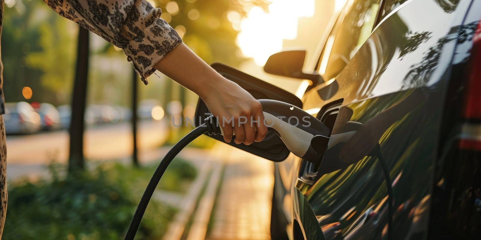 A picture about the electric vehicle that has been charging at the charging station and has been connected with the charger that has been connecting to the electric vehicle to become new tech. AIGX01.