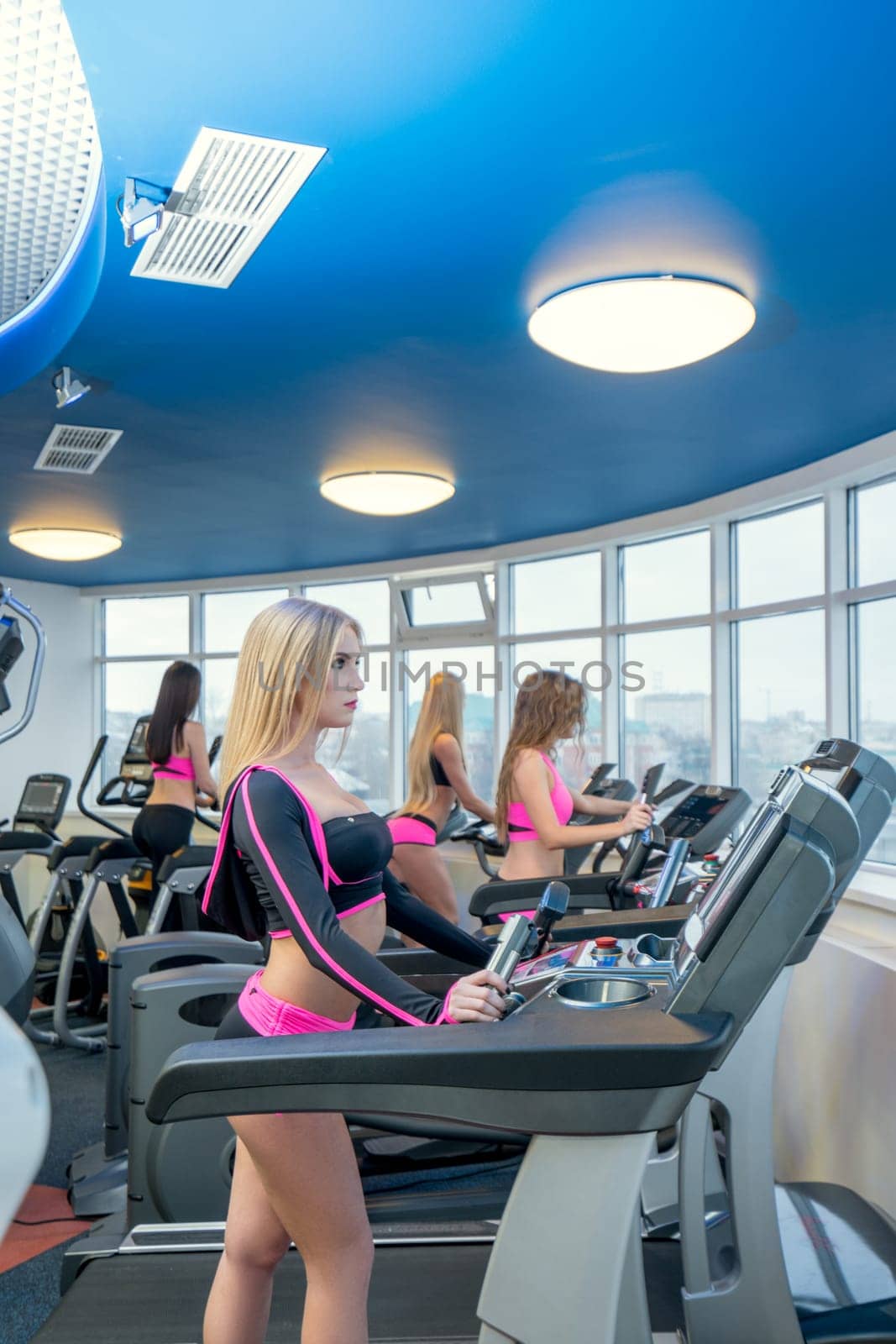 In gym. Image of slender girls exercising on simulators