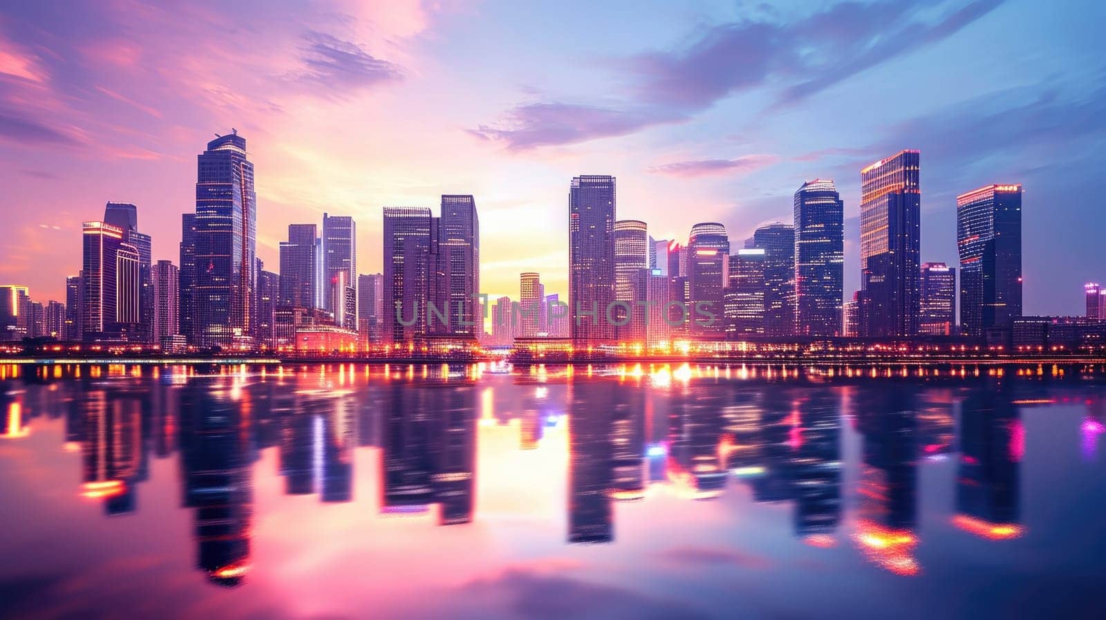 An elegant evening city skyline, lights reflecting on a calm river, skyscrapers silhouetted against a twilight sky, capturing urban beauty. Resplendent.