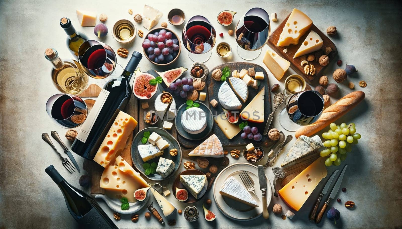 An overhead view of an elegant Italian wine and cheese spread, featuring various wines, Parmesan, Gorgonzola, Mozzarella, grapes, figs, nuts, and bread by Nadtochiy