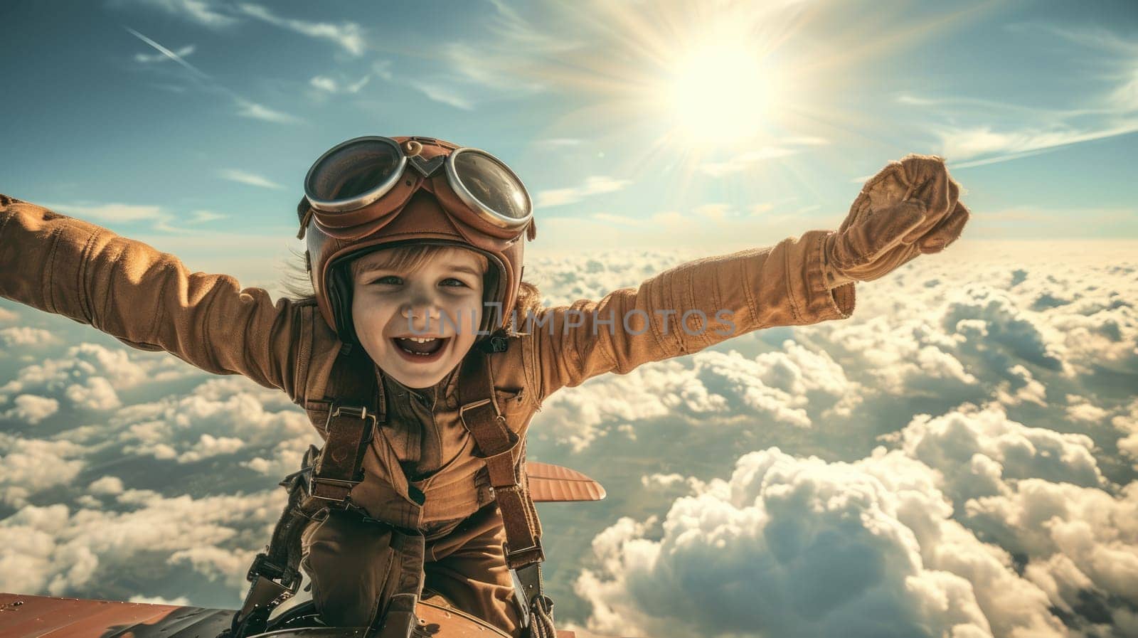 The side view of the picture that has the child flying into the bright sky with the aviator costume and the pair of goggles under the bright light of the bright sun with the happy smile face. AIGX03.