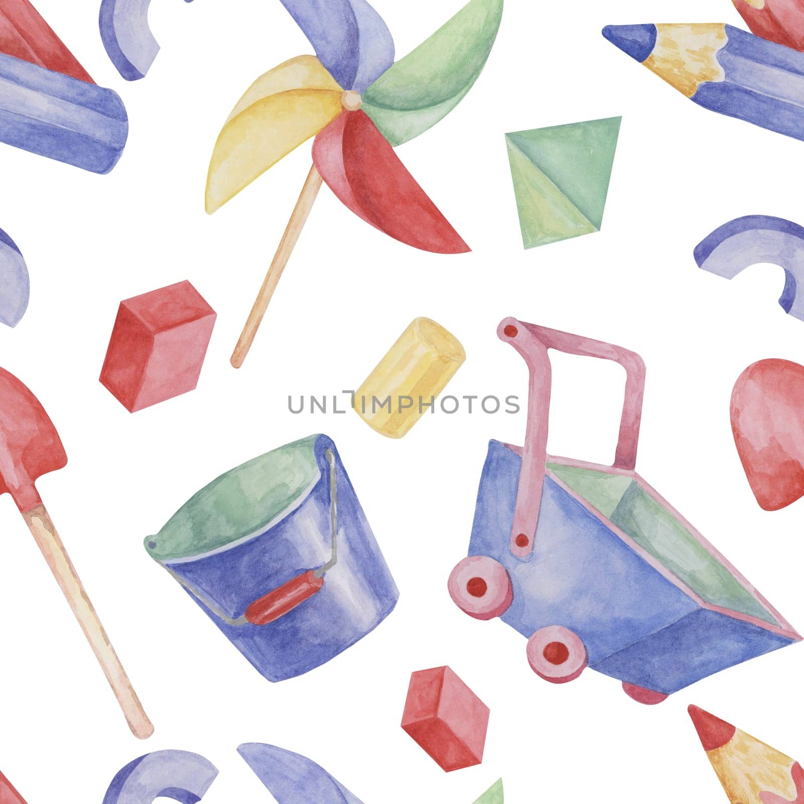 Baby seamless pattern with wheelbarrows, toys, pencils, bucket, shovel in watercolor. Hand drawn textile for kids wallpaper, packaging, scrapbooking by Fofito