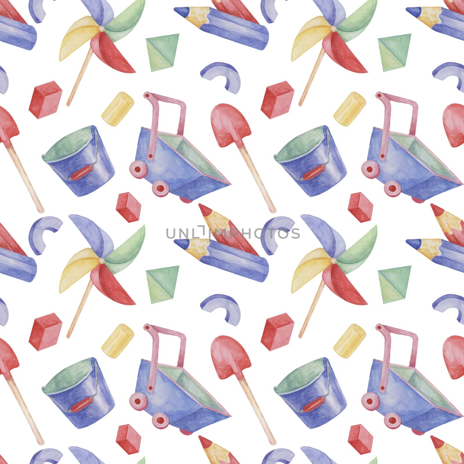 Baby seamless pattern with wheelbarrows, toys, pencils, bucket and shovel in watercolor. Retro toys ornament Hand drawn textile print for kids, children's wallpaper, wrapping, packaging, scrapbooking