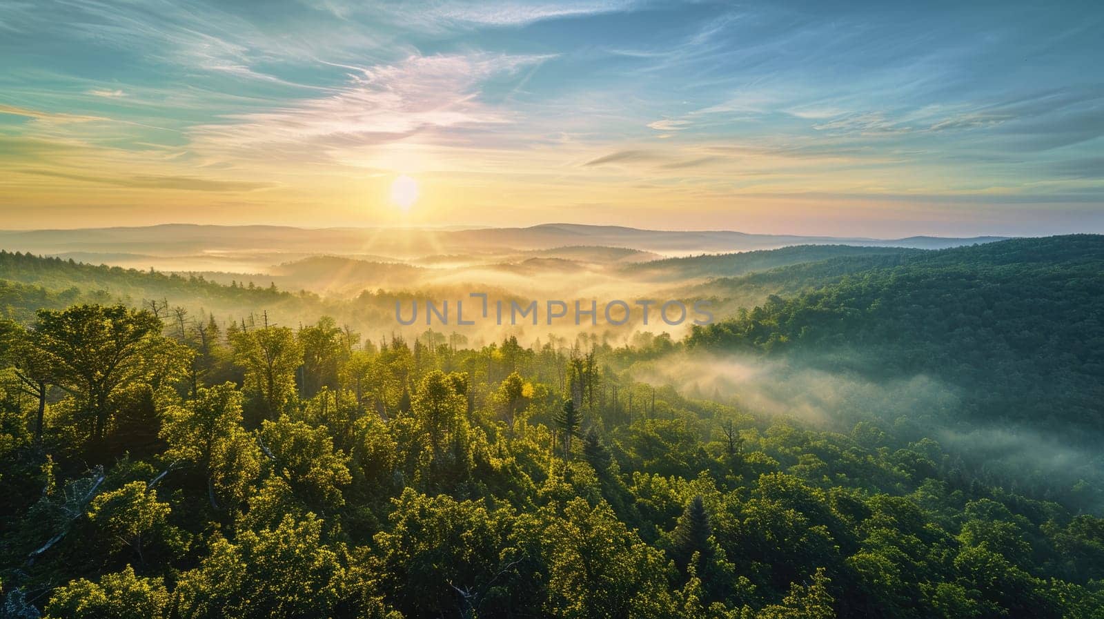 The top view picture of the wild nature that fills with green forrest, great mountain, cloudscape, blue sky, and the sun in the bright morning day in the summer or spring time of the years. AIGX01.