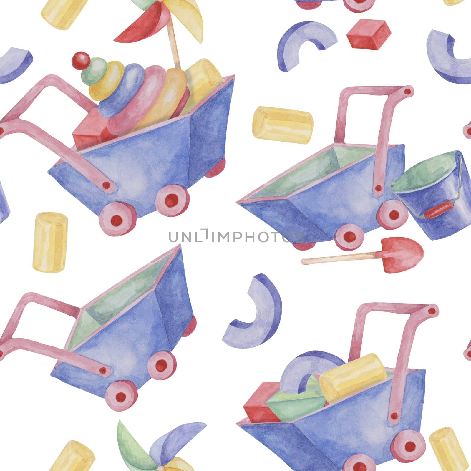 Baby seamless pattern with wheelbarrows, toys, bucket, shovel, stack rings, pinwheel in watercolor. Hand drawn textile for kids room, nursery, present by Fofito