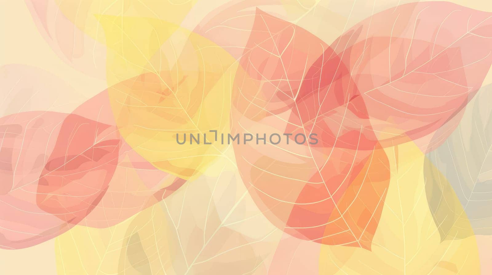 A pattern of overlapping autumn leaves in various shades of yellow, orange, red, and pink with veins in a darker shade. AIG51A.
