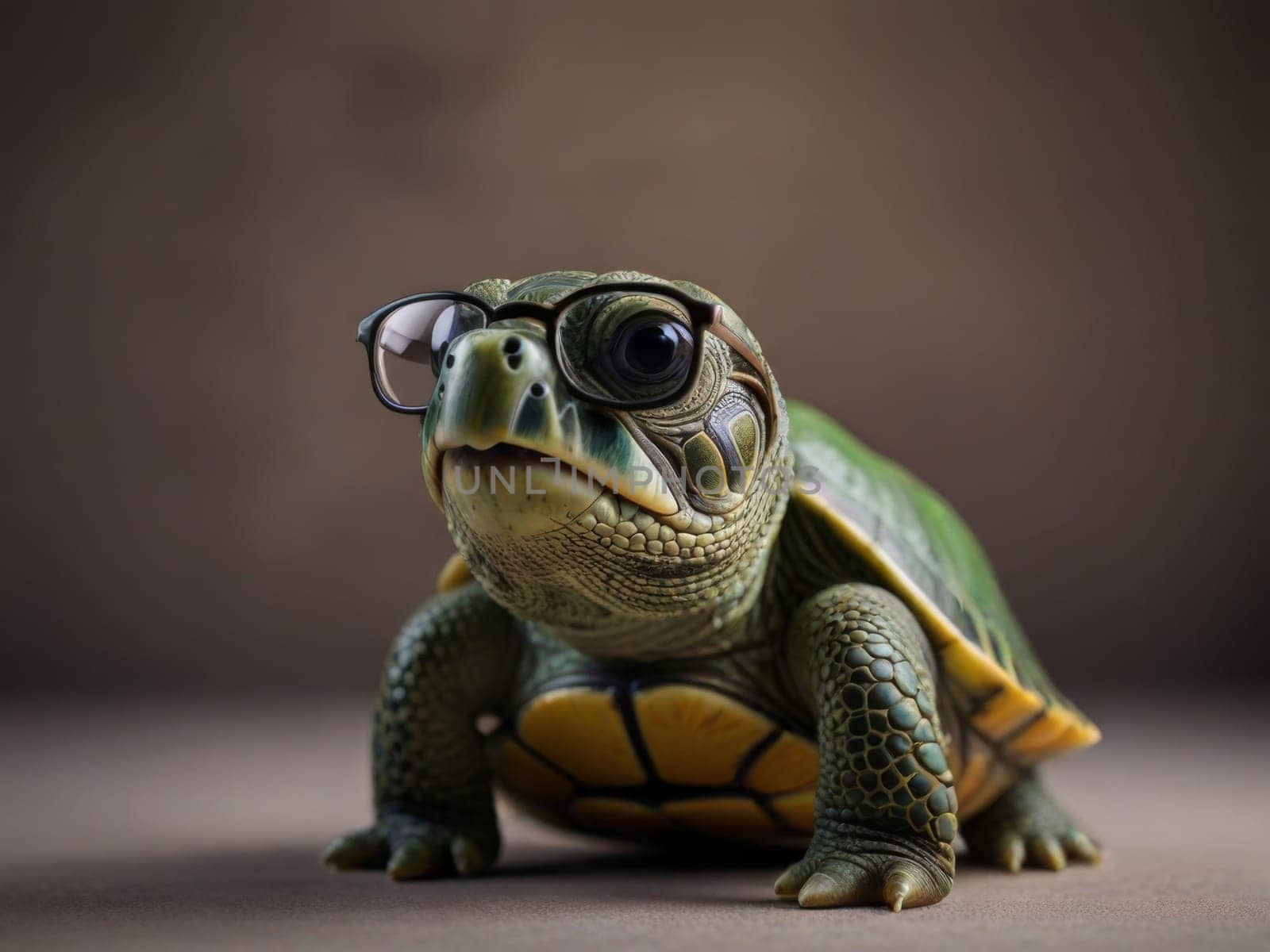 Sad turtle wears sunglasses against gray-green studio backdrop, evoking melancholic vibes. Generative AI