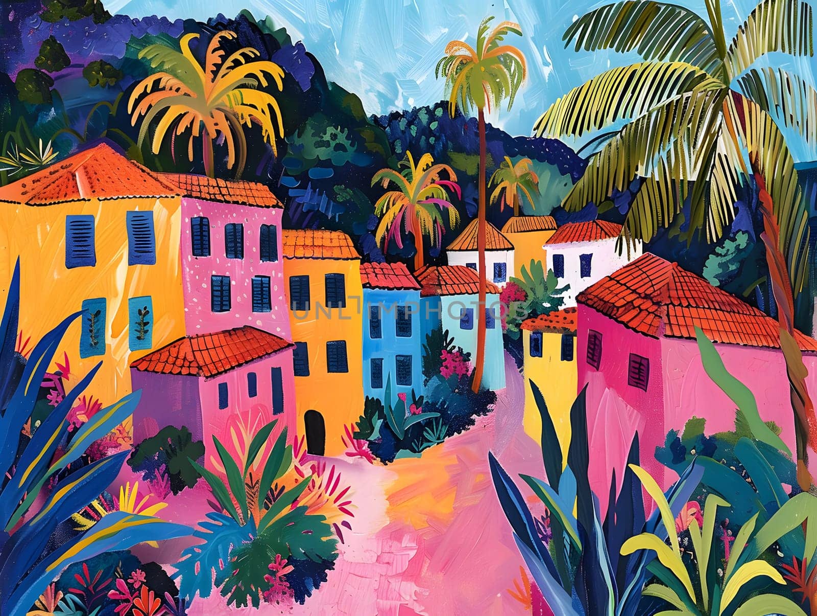 An art painting depicting a tropical village with vibrant houses and lush vegetation, including palm trees. The azure sky and colorful buildings create a serene and picturesque scene