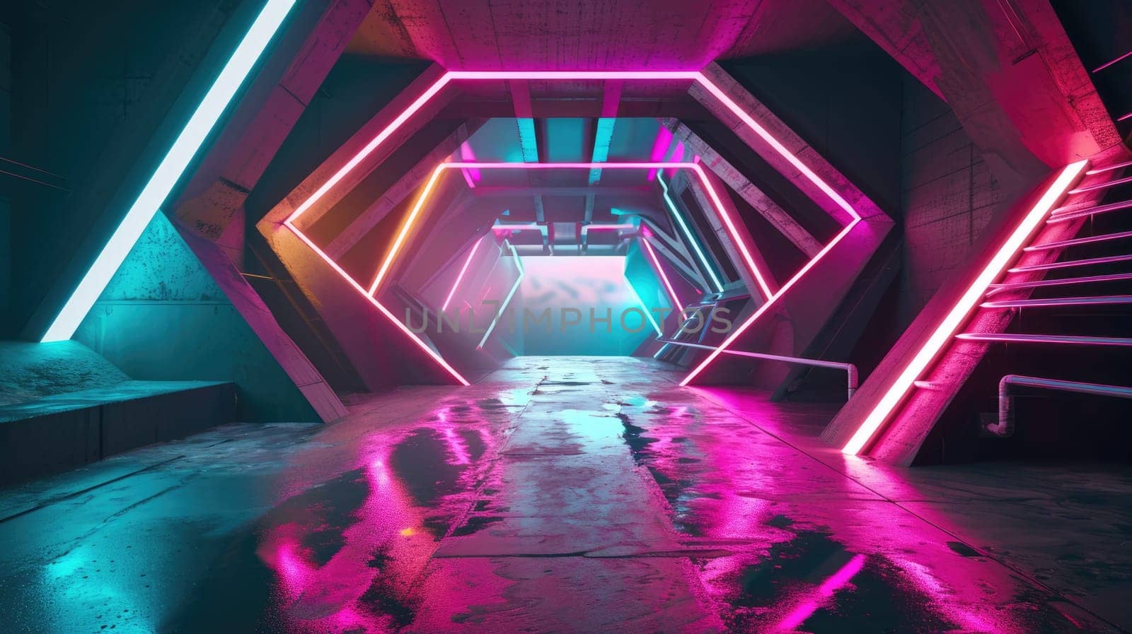The great neon standing hexagon in the hallway that surrounded with a lot amount of the tall concrete wall with multiple neon light bulb that shine light to the every part of the big hallway. AIGX03.