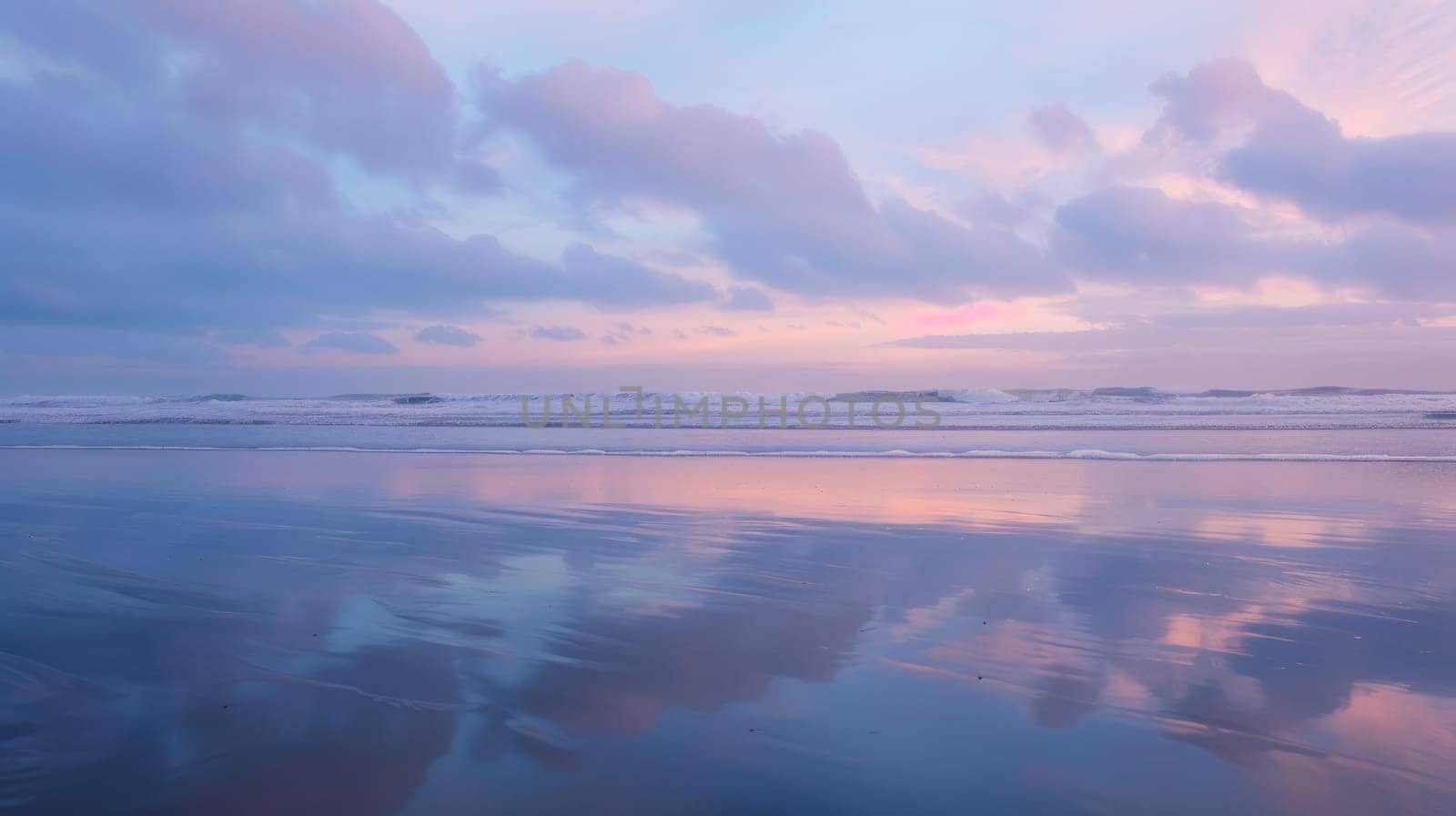 A beautiful sunset over a beach where the clouds are reflected in the calm waters, creating a stunning natural landscape with a fluid atmosphere AIG50