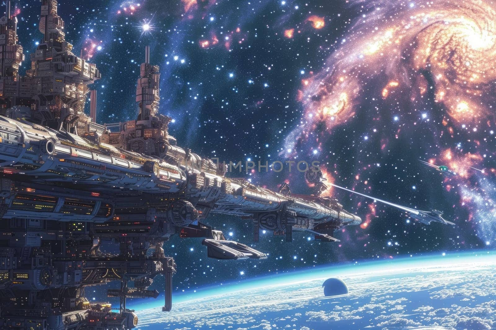 A space station orbiting a distant planet, astronauts conducting spacewalks, and star-filled background. Resplendent.