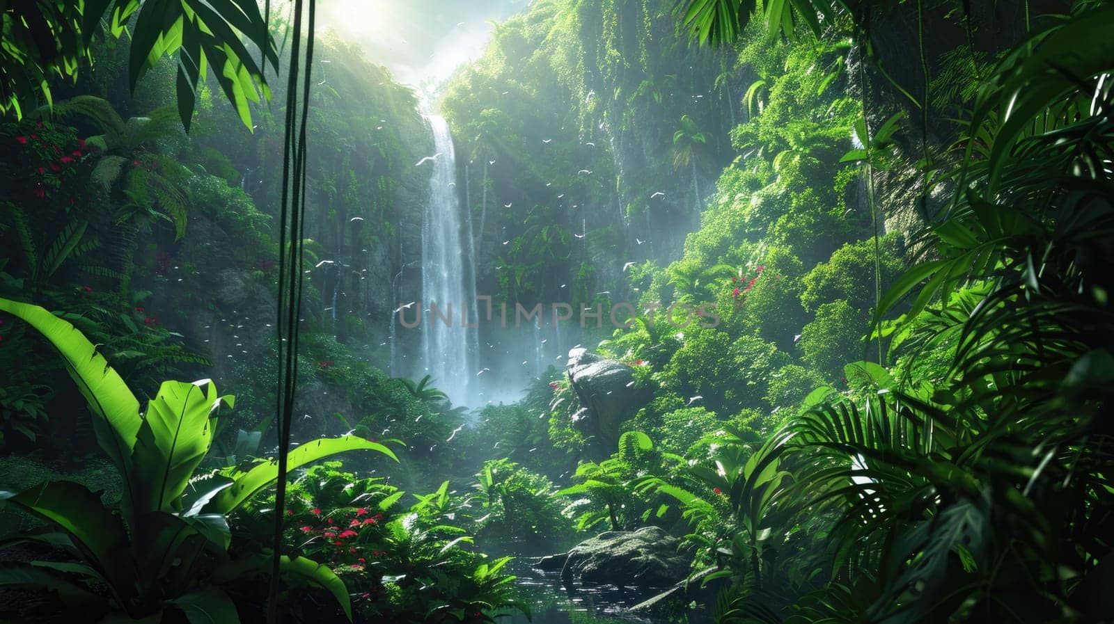 A serene waterfall cascades gently into a crystal-clear pool within the dense greenery of a sunlit tropical rainforest, inviting a sense of peace and natural beauty. Resplendent.