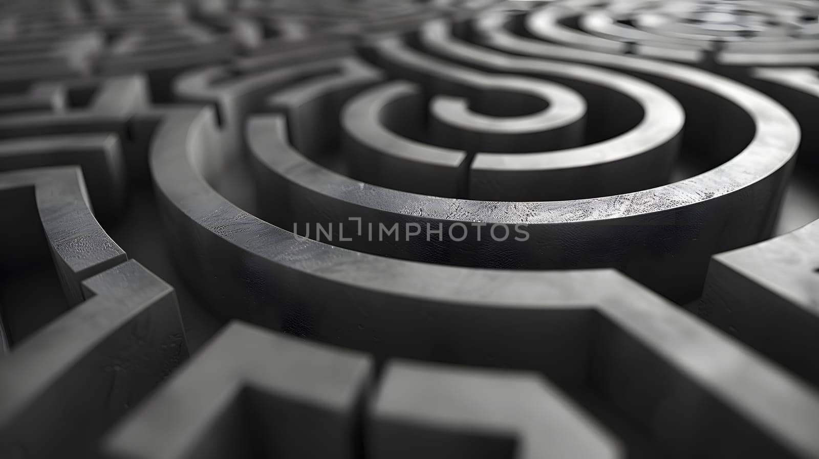 A mesmerizing labyrinth maze captured in a black and white photo, featuring intricate patterns resembling an automotive tire on a road surface, showcasing urban design and symmetry