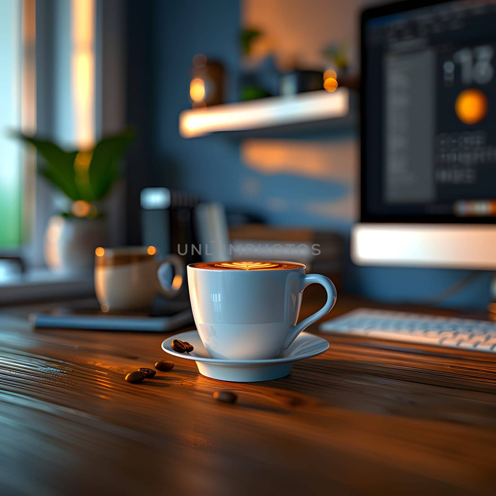 A coffee cup on a saucer beside a computer on a desk by Nadtochiy