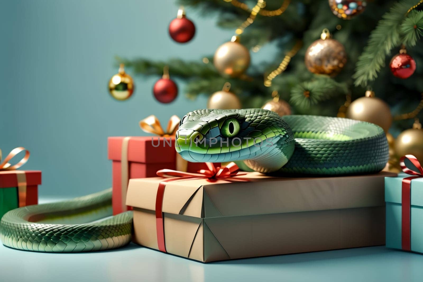 New Year snake with gifts under the Christmas tree, New Year card by Rawlik