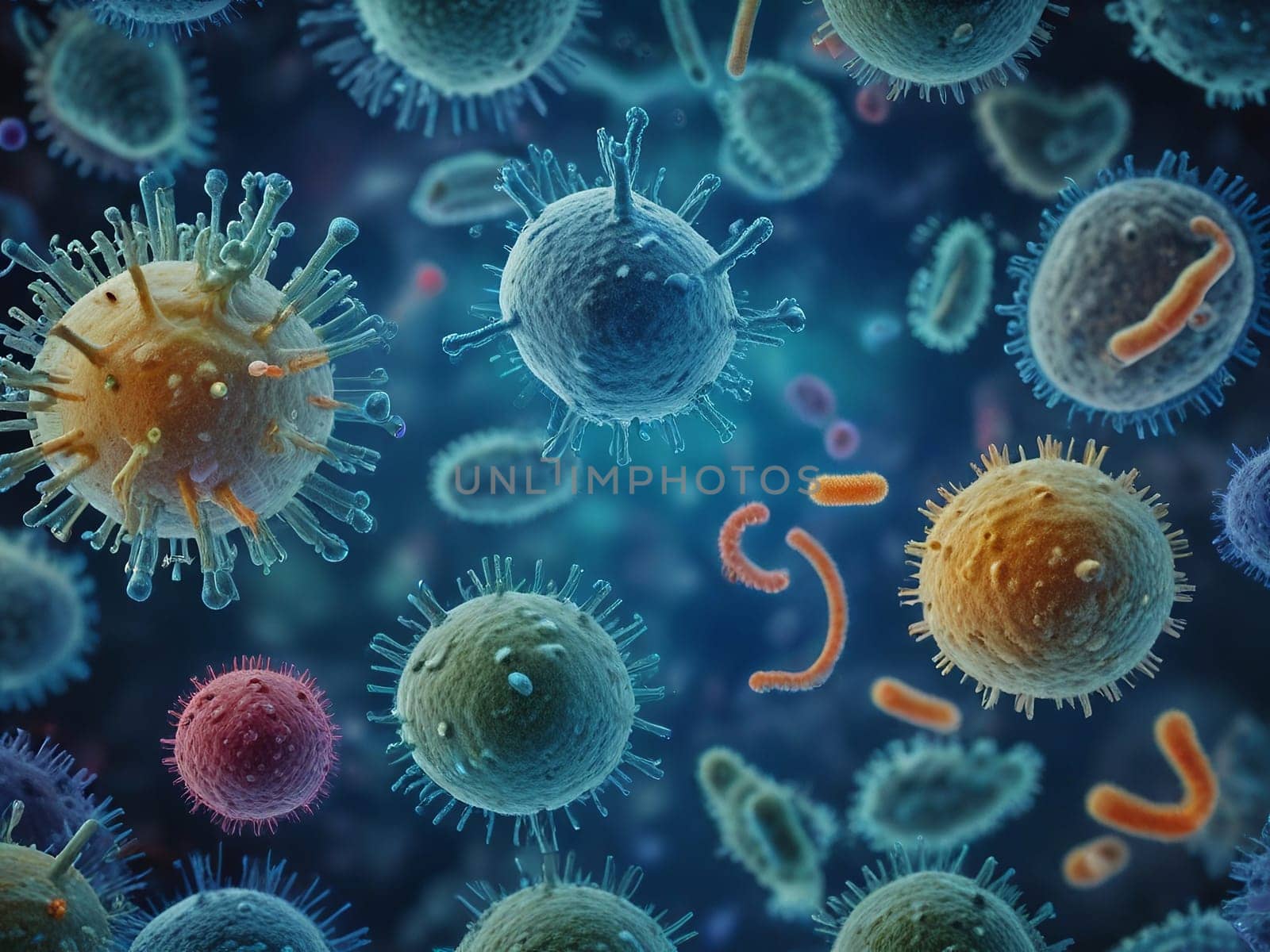Enlarged image of viral bacteria and cells. 3D illustration. Generative AI