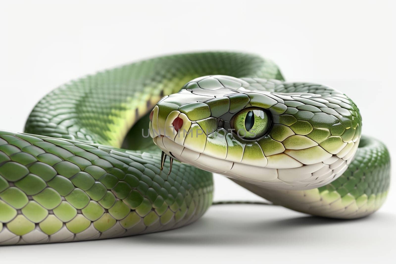 green forest snake close-up, isolated on white background by Rawlik