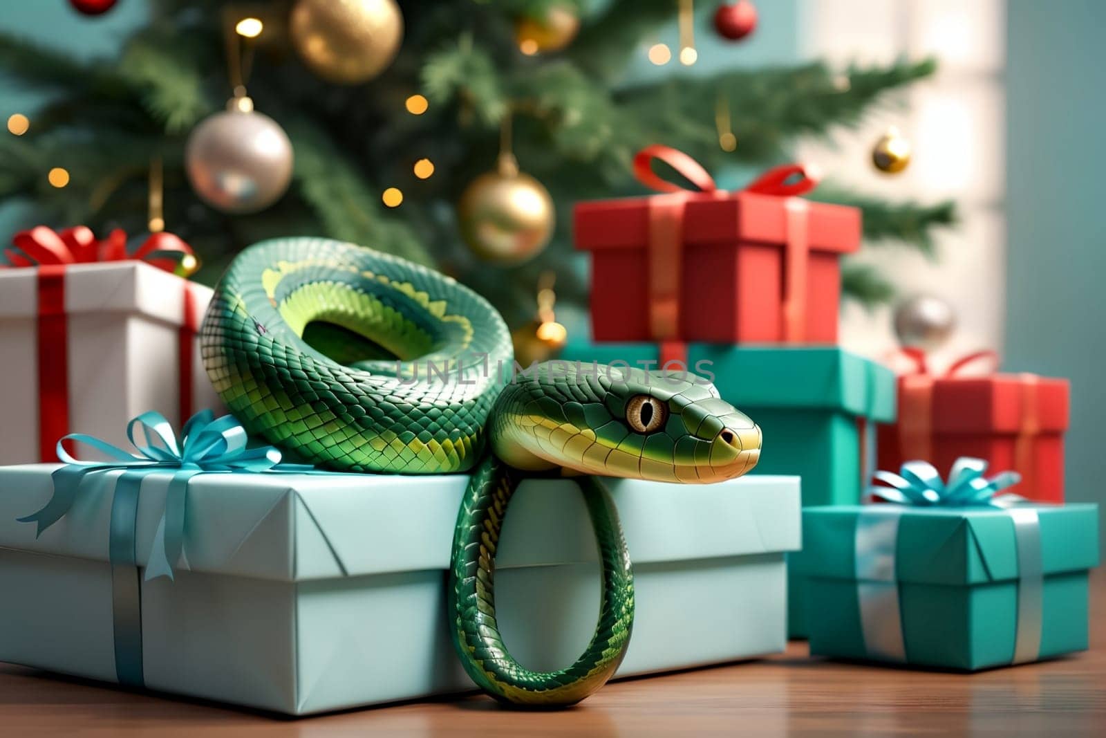 New Year snake with gifts under the Christmas tree, New Year card by Rawlik