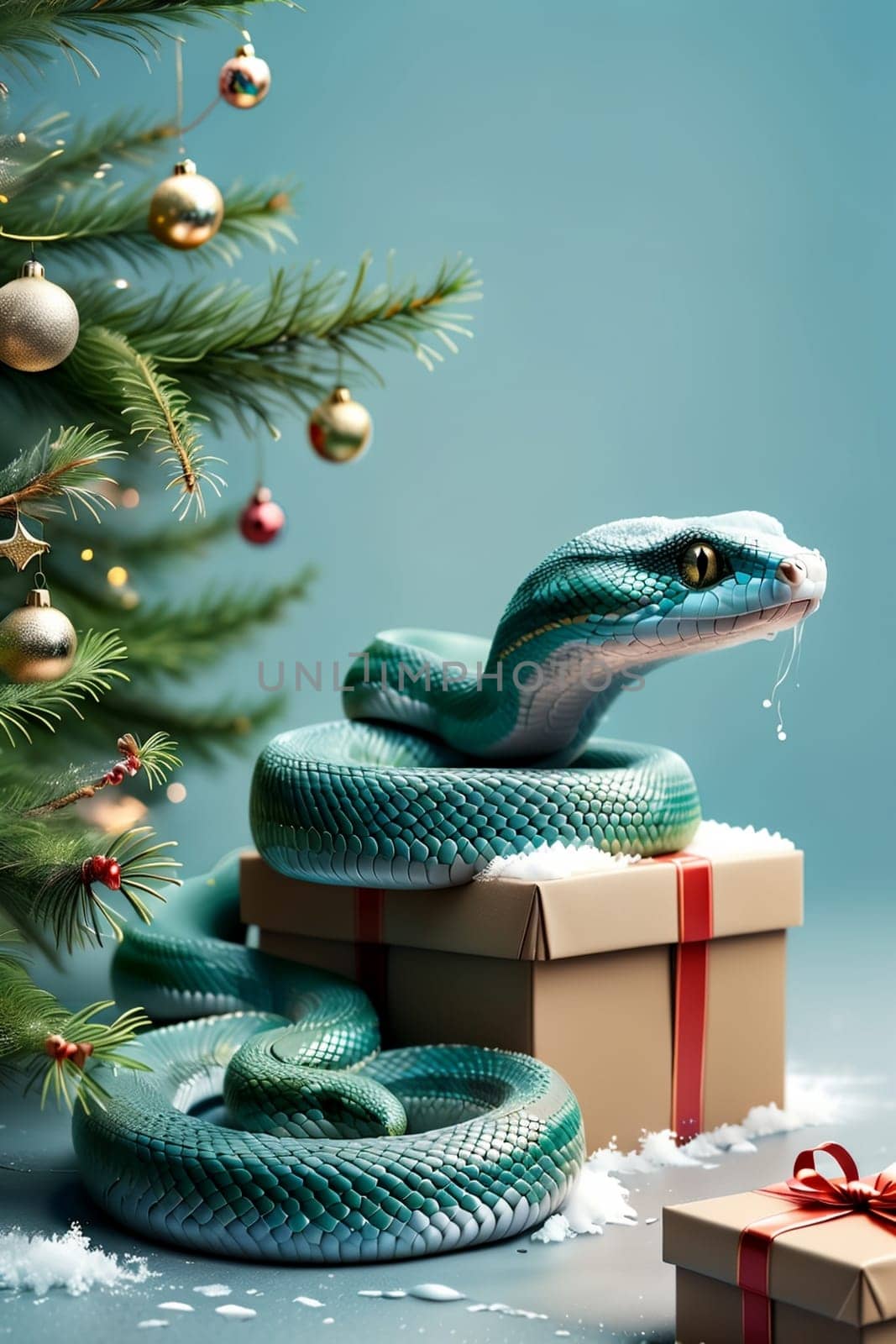 New Year snake with gifts under the Christmas tree, New Year card .