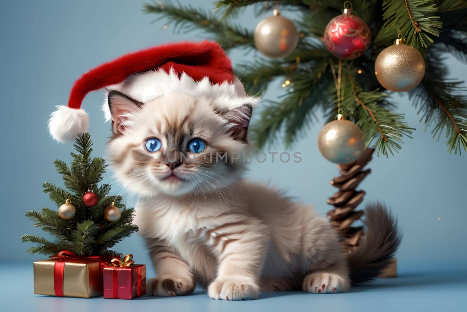 Beautiful young Ragdoll kitten against the background of a Christmas tree.