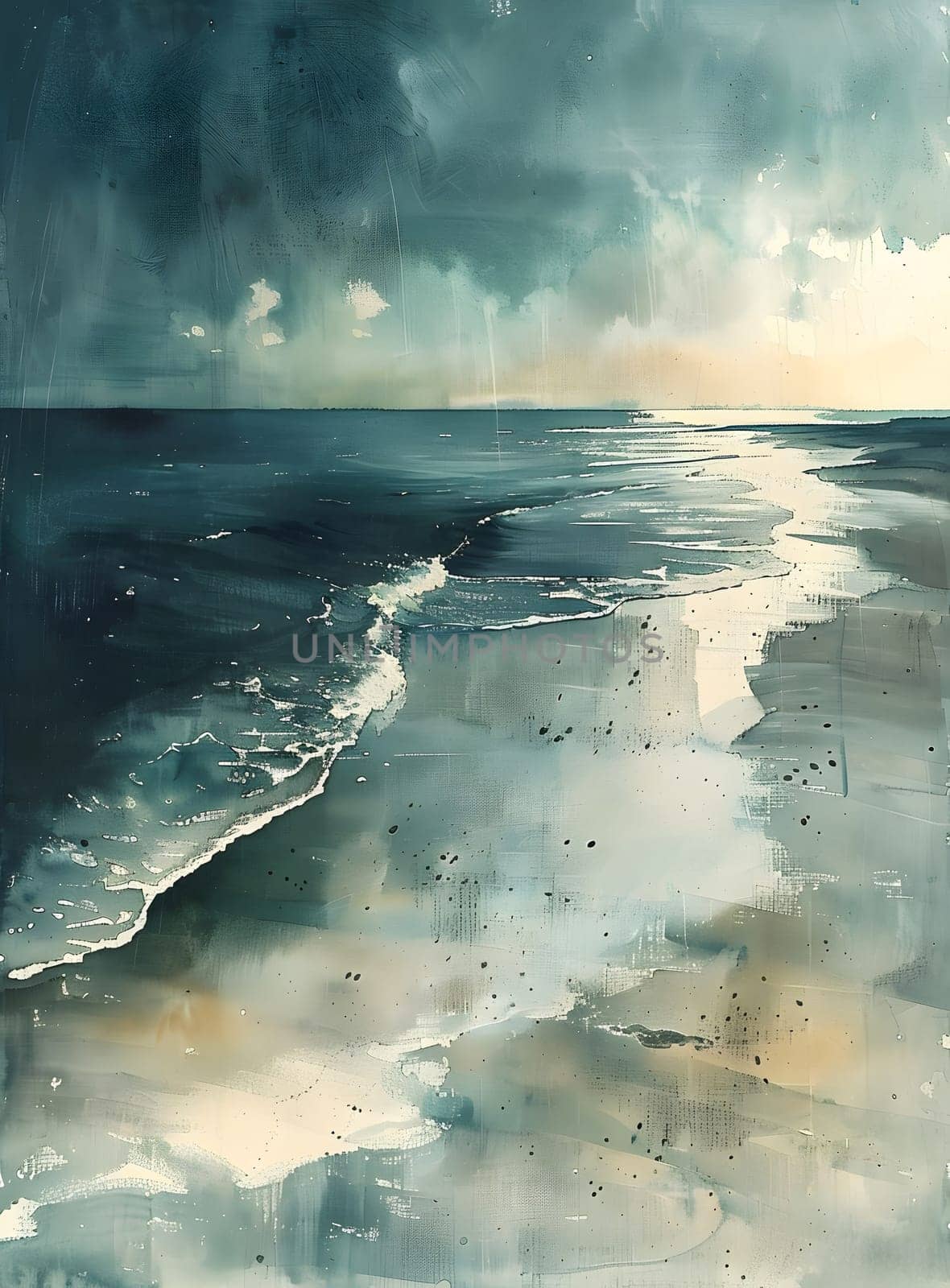 An art piece depicting a beach with crashing waves under a cloudy sky by Nadtochiy