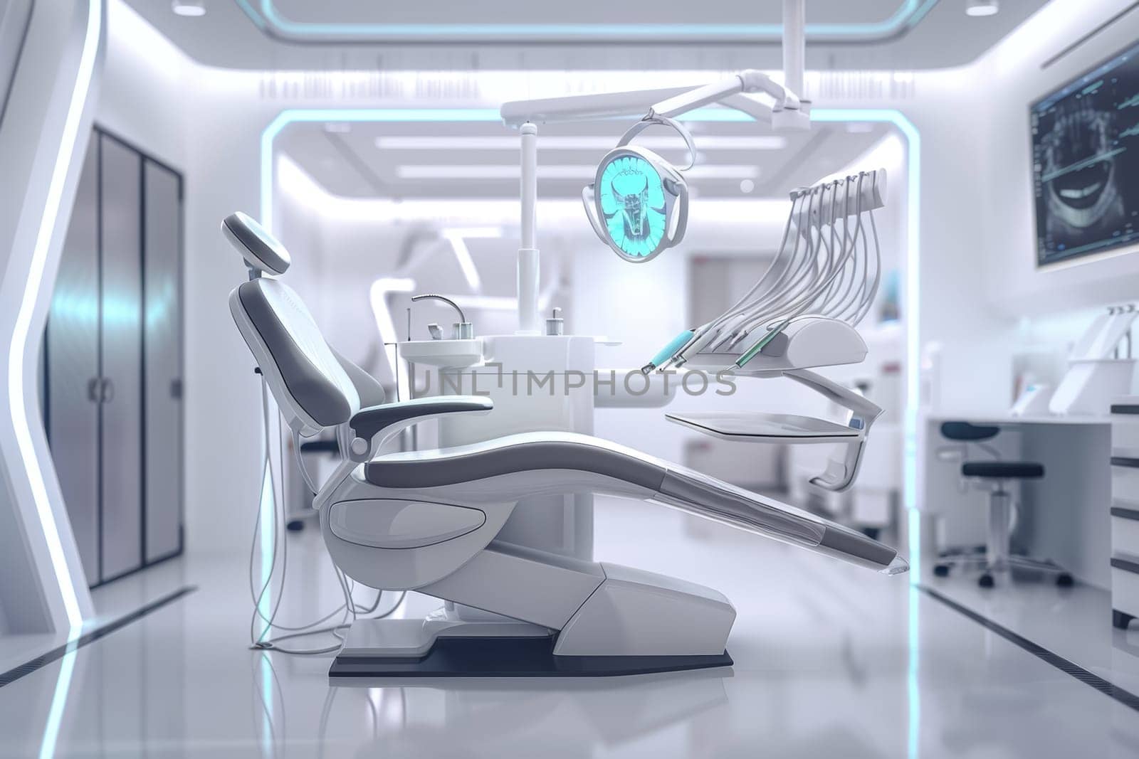 A cutting-edge dental clinic furnished with advanced equipment, featuring a futuristic chair and lighting, for optimal patient care