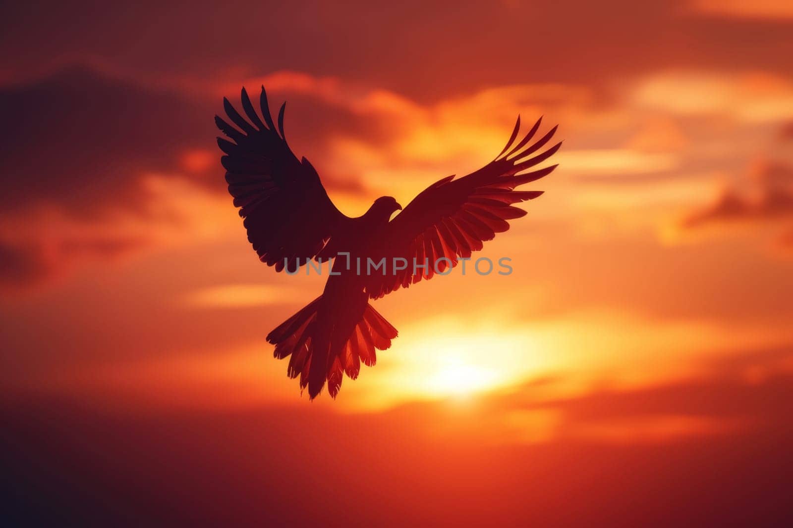 The powerful image of a bird embodying the legendary phoenix flying toward the sun during a vivid sunrise signifies new beginnings