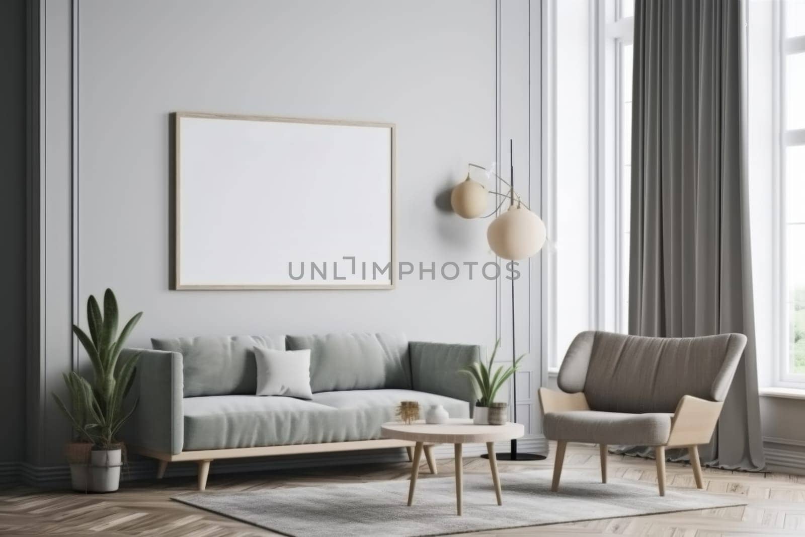 Scandinavian inspired interior space with a mock-up poster frame, natural textures, a cozy armchair, and a blend of modern and rustic decor