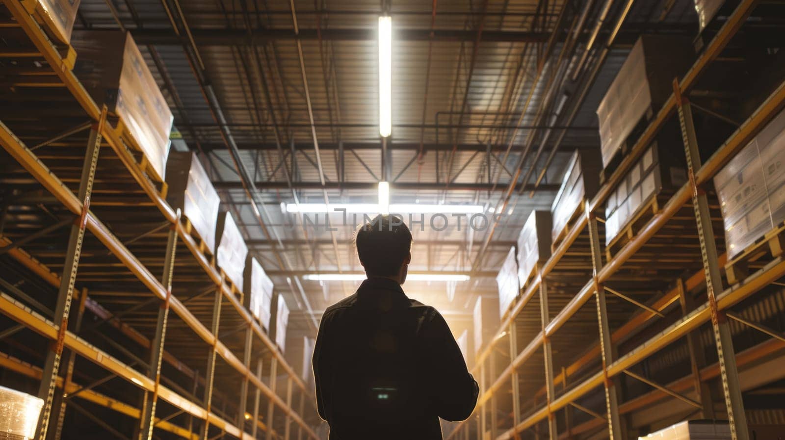 Professional warehouse worker checking and inspecting product quality at storage. Engineer working and listing product box while holding check list or chart board and standing at warehouse. AIG42.