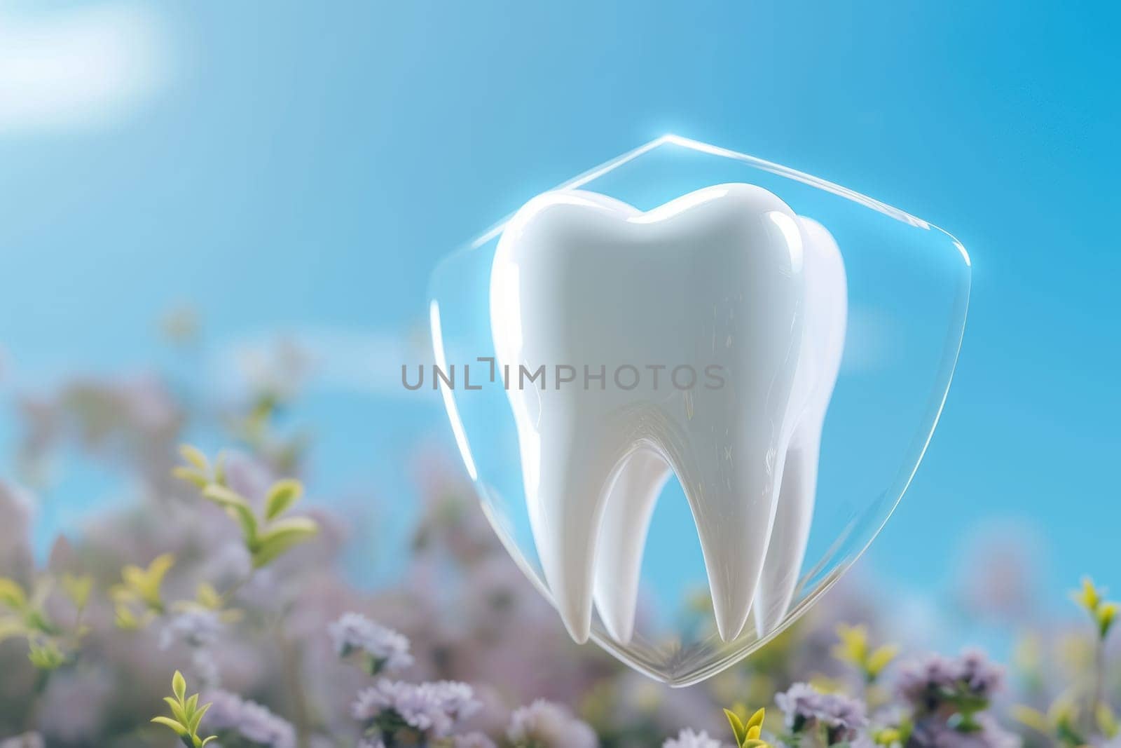 A concept image featuring a shield superimposed over a tooth against a clear blue sky, symbolizing dental protection
