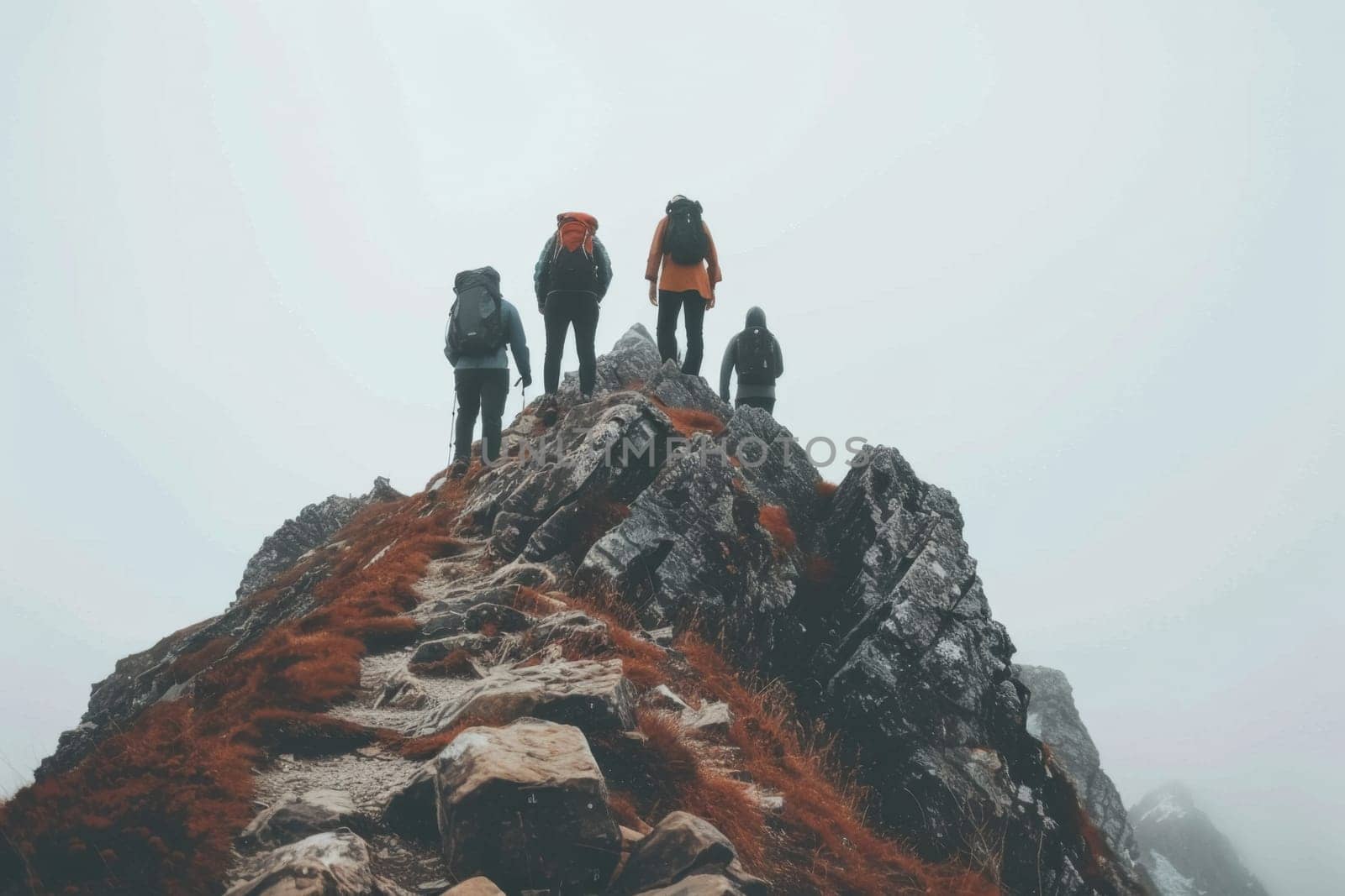 A group of friends reach the summit of a rugged mountain peak under a clear blue sky, showcasing the spirit of adventure and teamwork
