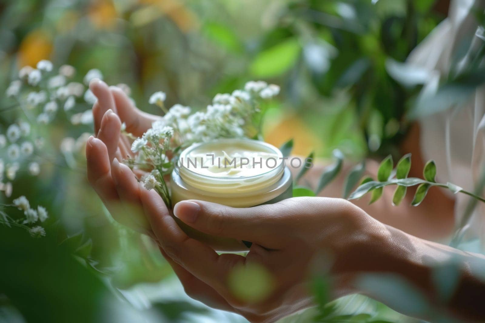 Tender hands cradle a jar of herbal cream among vibrant greenery, evoking themes of natural healing and alternative therapies