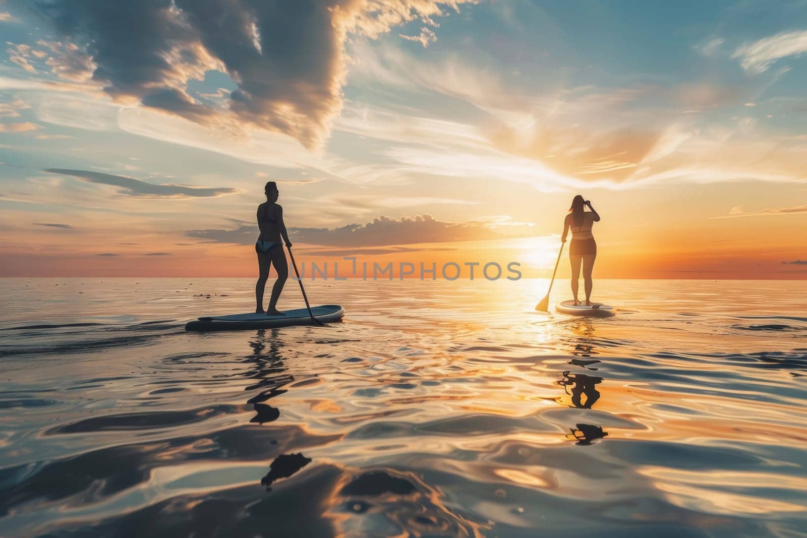 Silhouette of a person stand-up paddleboarding on a tranquil water surface reflecting a vibrant sunset