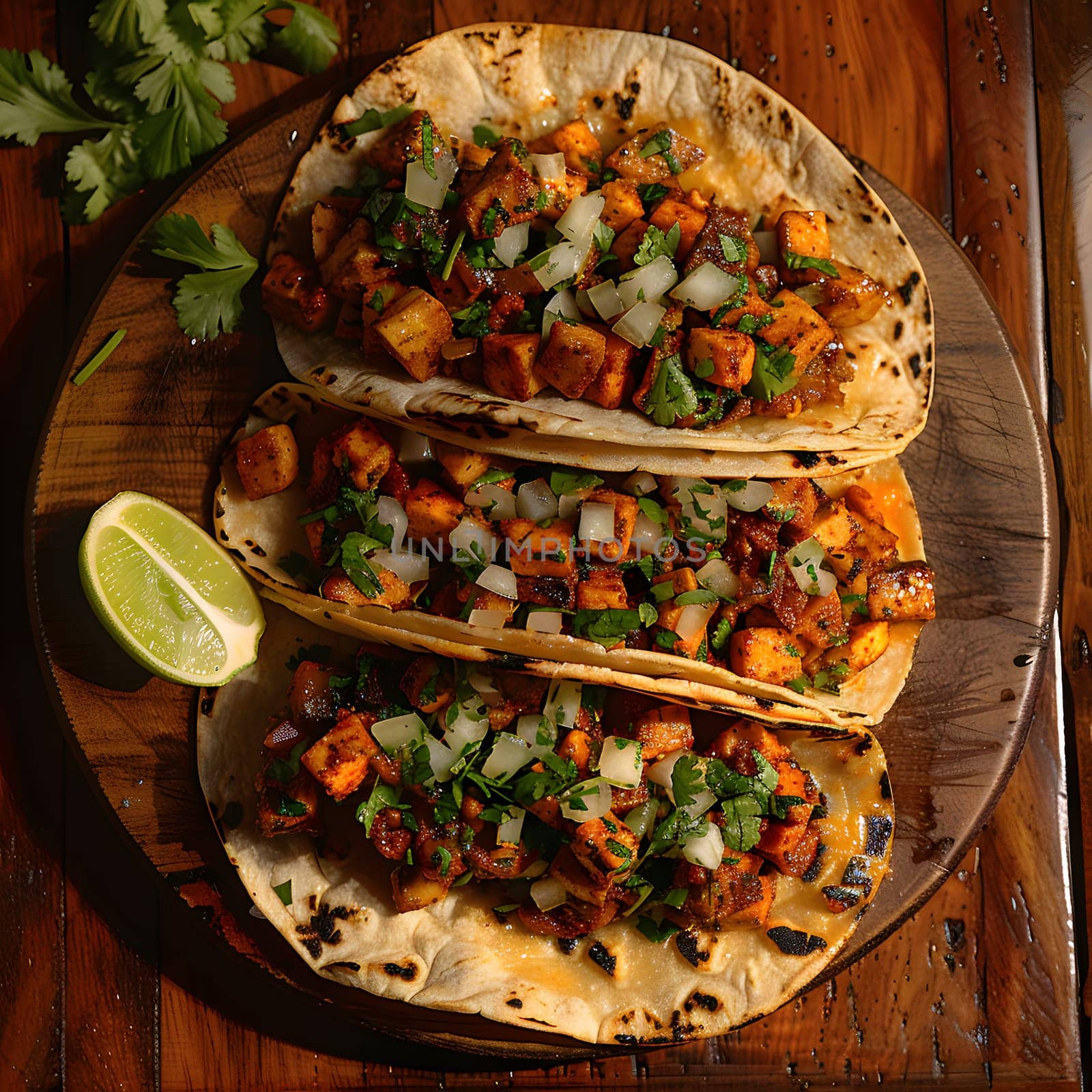 Three tacos are artfully arranged in a stack on a rustic wooden cutting board. The dish features a delicious blend of ingredients including fines herbes, Persian lime, and fresh produce