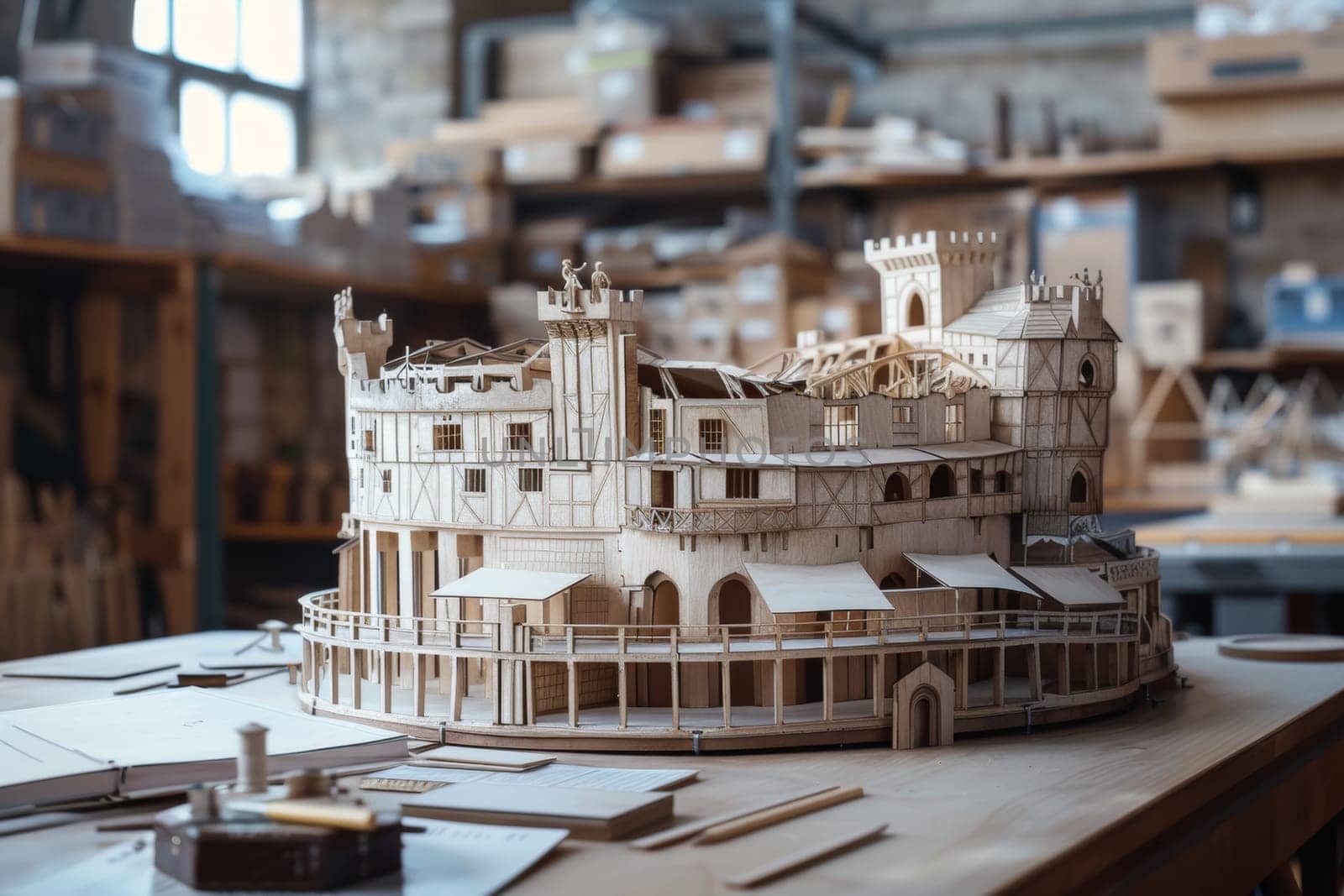An intricately detailed wooden model of the historic Globe Theater, representing Shakespearean architecture and Elizabethan playhouses