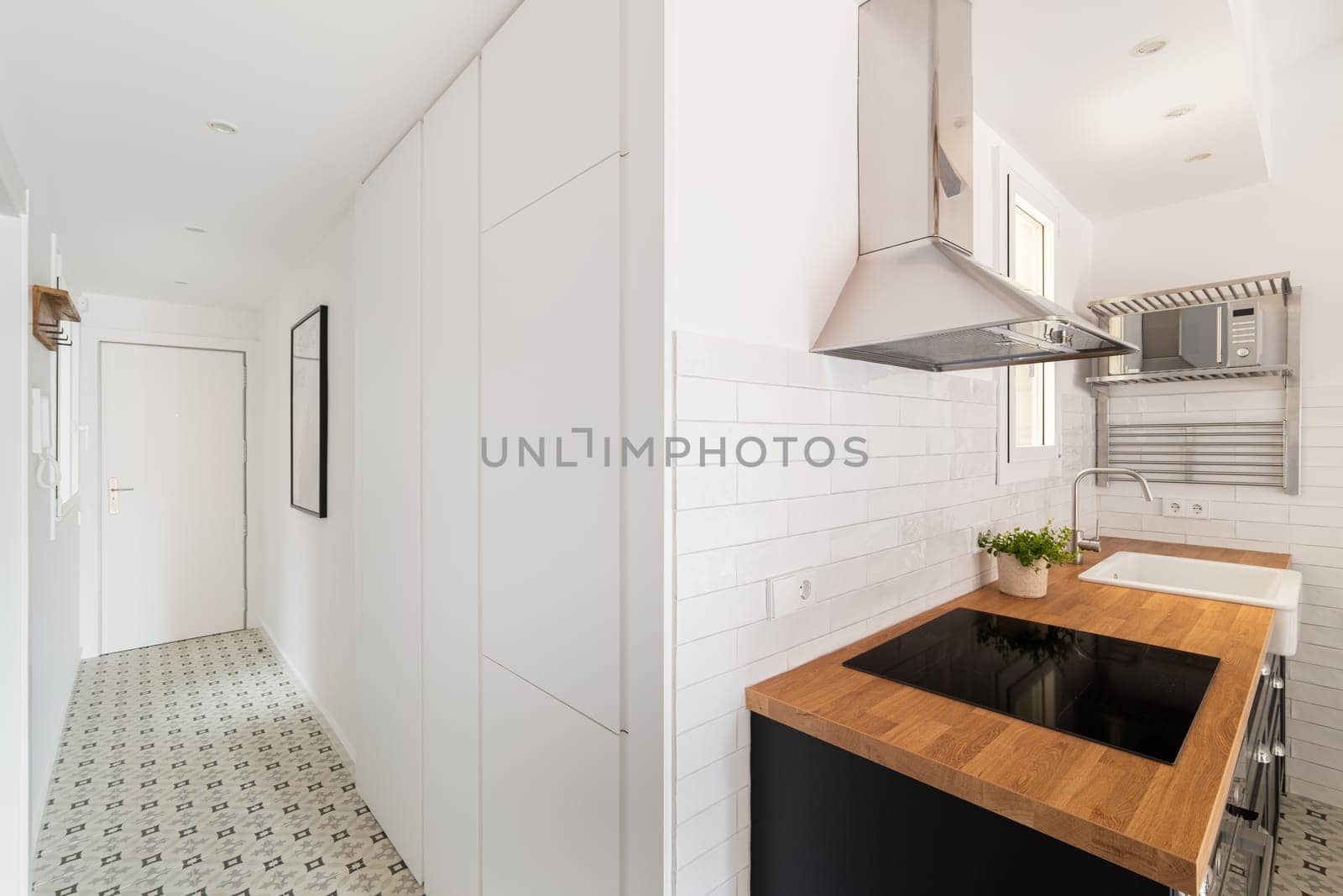 Kitchen with appliances and empty lobby in studio apartment by apavlin