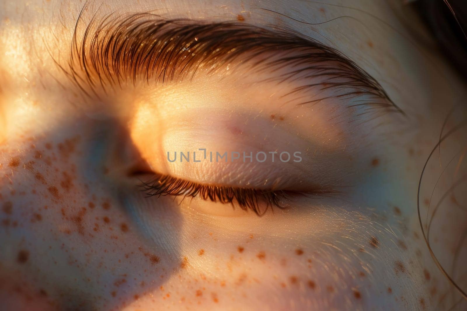 Close-up shot captures the exquisite detail and natural glow of healthy skin basked in warm light, highlighting fine textures.