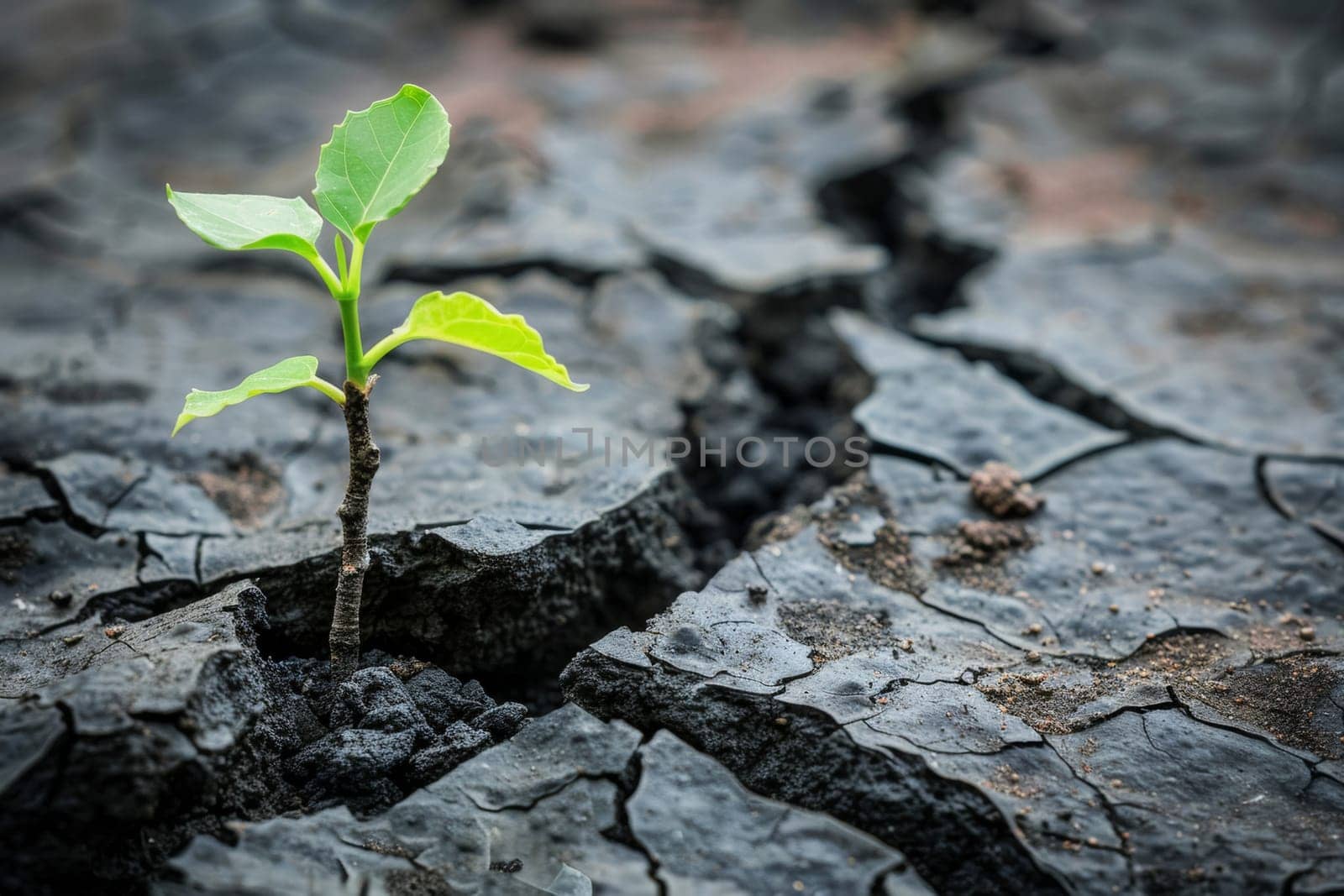 A lone sapling emerges from a web of cracked soil, a testament to life's resilience against the backdrop of environmental hardship