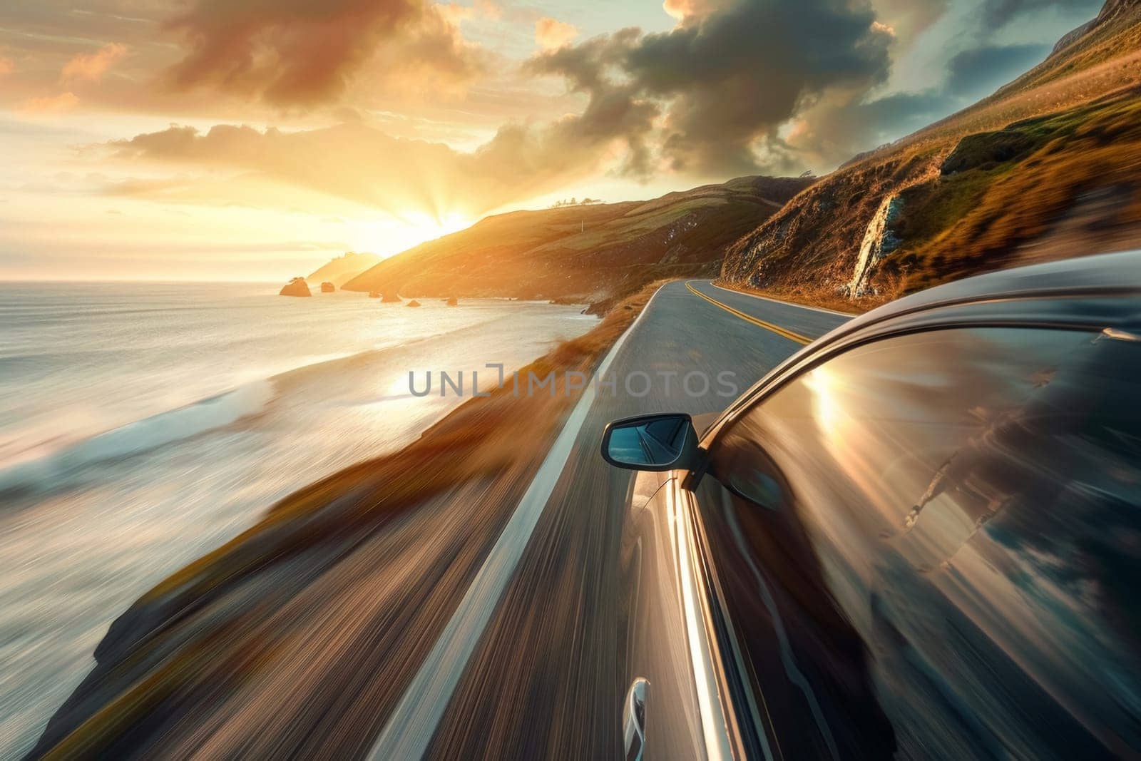 A convertible car racing along a beautiful coastal route, the golden hour sun casting warm light on an open road trip