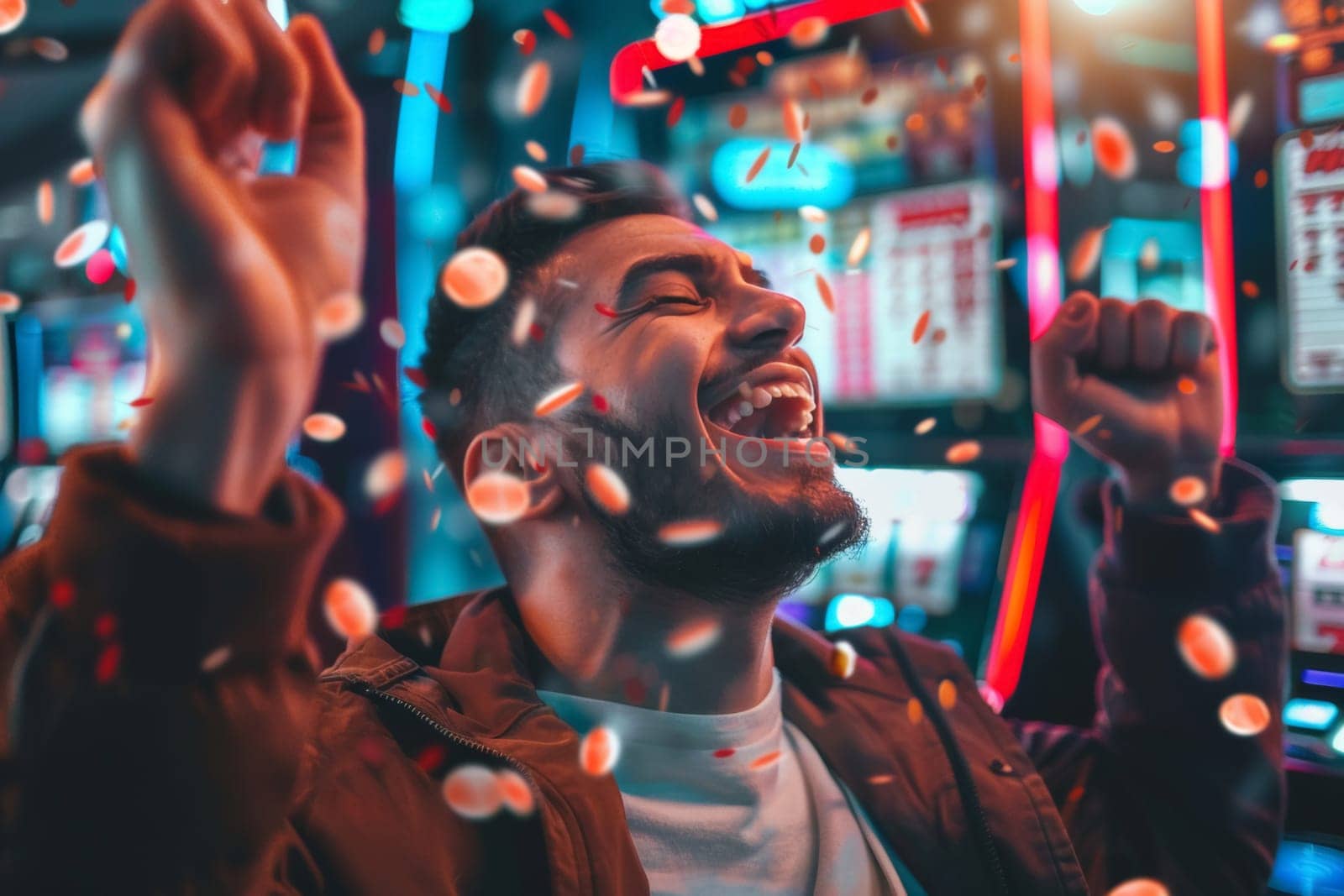 A young man exudes extreme joy with a wide-open mouth, laughing as he is showered with golden coins in a lively casino setting.