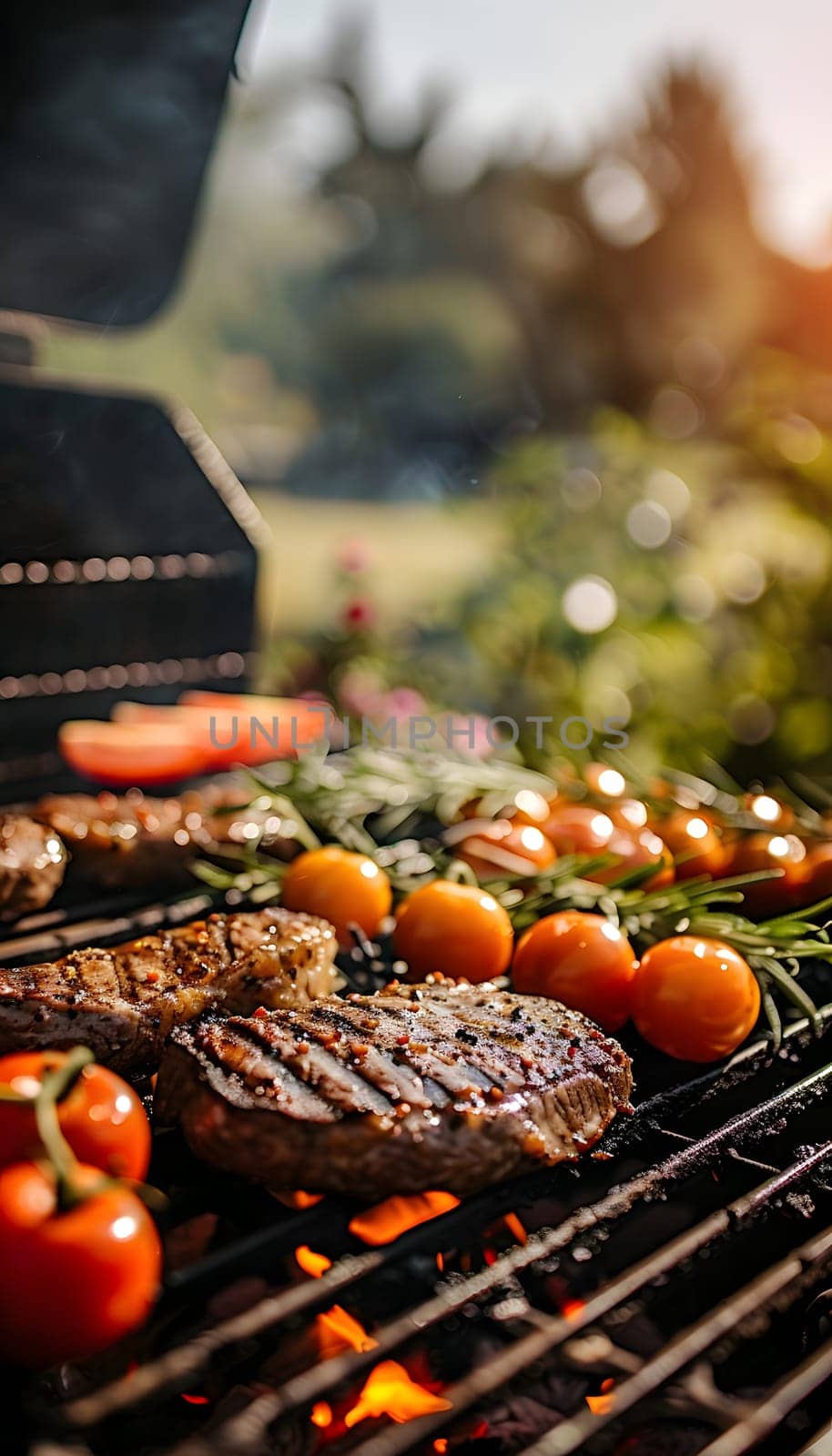Ingredients for churrasco food like hamburgers and tomatoes are sizzling on an outdoor grill rack. Enjoy this cuisine with orange and natural foods on tableware